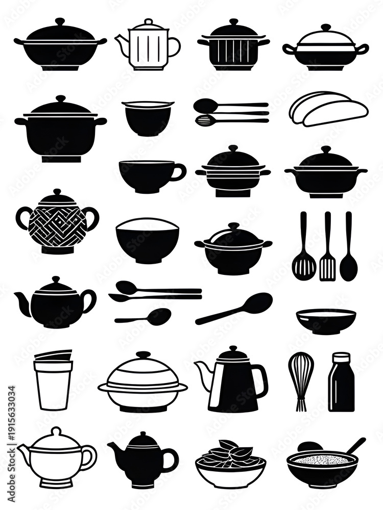 Fototapeta premium Iconos de cocina china en blanco y negro