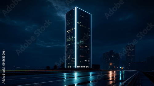Moderner dunkler Wolkenkratzer mit vertikaler blauer LED-Linie
