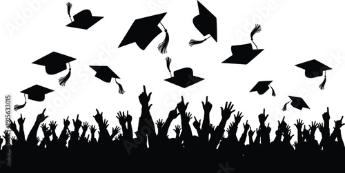 Graduation celebration silhouette with students throwing caps in the air, academic success and achievement concept, education milestone ceremony illustration isolated on white background