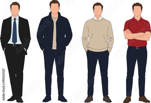 Stylish male character set in different outfits, business to casual fashion, front view flat illustration, men wearing formal, smart, winter, and relaxed clothes