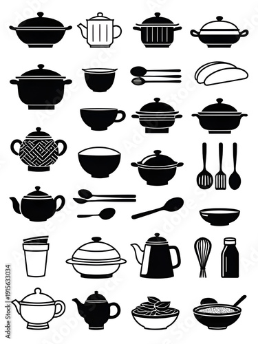 Iconos de cocina china en blanco y negro