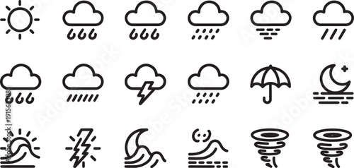 Black and white weather icons depicting various atmospheric conditions