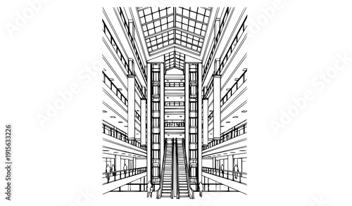Shopping Mall Atrium Interior Black White Line Art Architectural Draft Vector