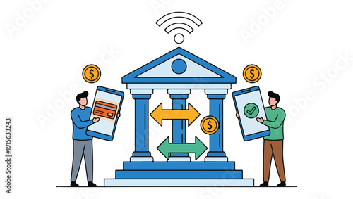 Digital Banking and Mobile Transactions – Vector Illustration On Png background, digital banking, mobile banking, financial transactions, fintech illustration, bank building icon, smartphone users, 