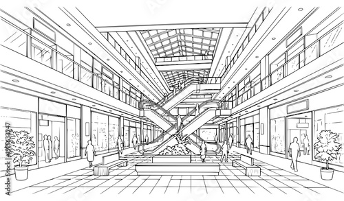Modern Shopping Mall Interior Wide Perspective Black and White Architectural Sketch Vector