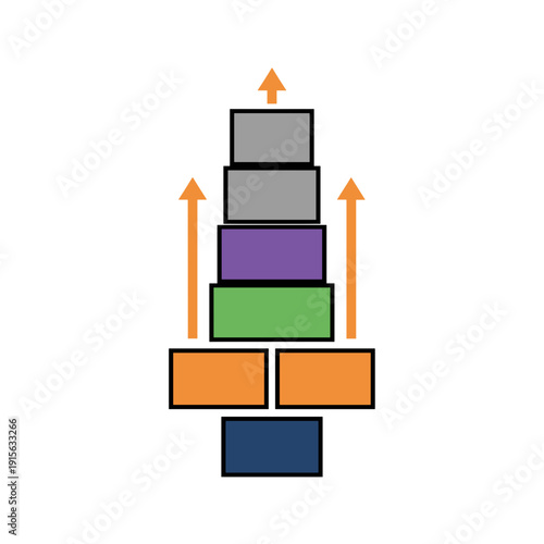 Layered blocks forming scalable system architecture with upward arrows on white background. Concept of scalable architecture and business growth