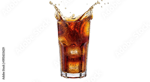 Refreshing cola drink with ice cubes and splash isolated PNG, fizzy beverage for summer refreshment and party celebrations