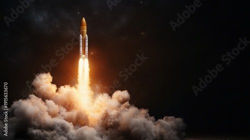 A stunning image of a rocket launching into the night sky, emphasizing the intense energy and power of space exploration and technological advancement.