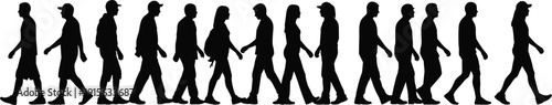 Black silhouettes of people walking in a line, daily commute and urban lifestyle concept, human movement sequence illustration, crowd direction and progress theme on white background