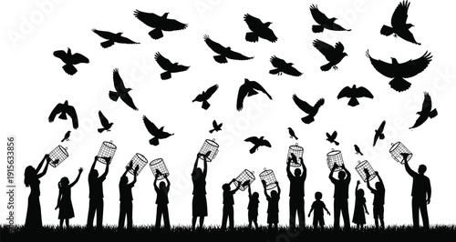 Black silhouette of people releasing birds from cages, freedom and hope concept, human rights and peace symbolism illustration, unity and liberation theme on white background