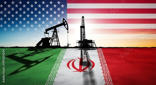 Oil industry conflict between USA and Iran symbolized by flags and pumpjacks