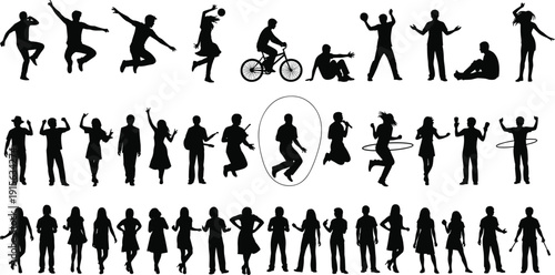 Collection of black human silhouettes showing various activities and poses, active lifestyle concept, dancing jumping cycling people illustration set, isolated figures on white background