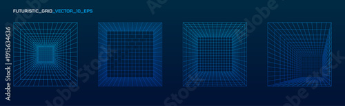 3D wireframe grid forms cyberpunk corridor with neon lines, retro futuristic mesh pattern, and glowing perspective creating an immersive digital tunnel experience.