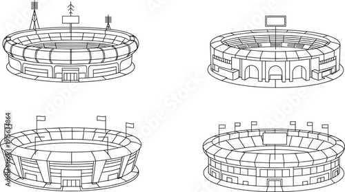 Vector illustration of modern stadium architecture, circular arena design, sports facility exterior view, football event venue line drawing artwork
