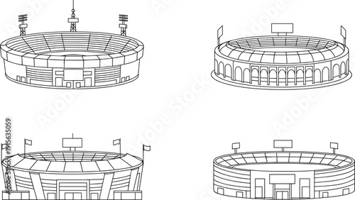 Vector illustration of modern stadium icons, sports arena outline drawing, architectural line art, game venue, football stadium sketch