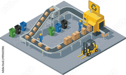 Isometric recycling plant illustration with automated conveyor belts cardboard boxes sorting system workers forklift and modern waste management facility promoting sustainable industrial recycling