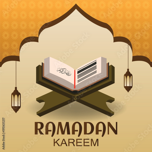 Open Holy Quran on Rehal with Mosque Archway Frame for Ramadan Kareem Celebration