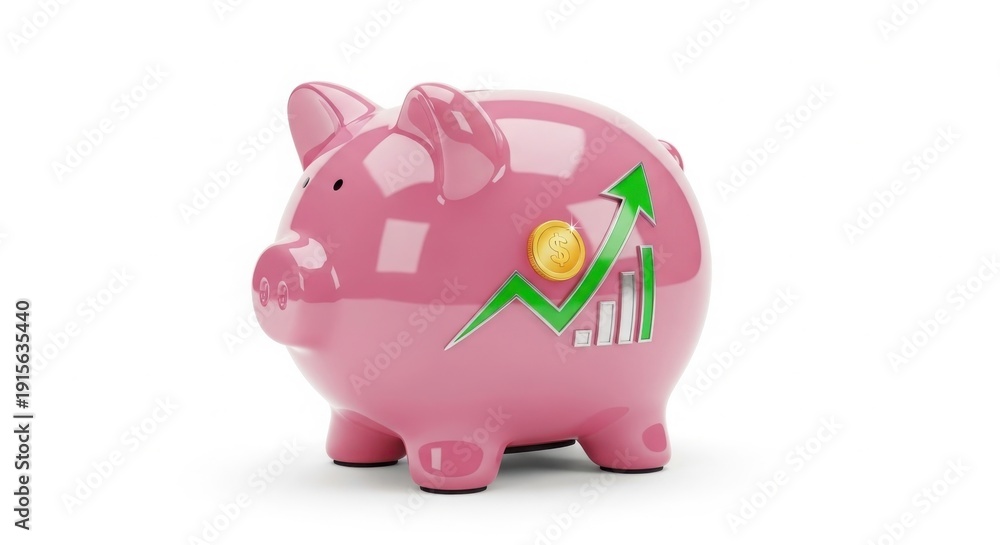 Obraz premium 3D Render of a Pink Piggy Bank with Green Upward Arrow Graph and Gold Coin isolated on White Background