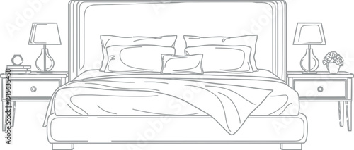 Simple black and white line art drawing of a luxurious upholstered bed flanked by matching nightstands with lamps and minimal decorative objects perfect for interior design concepts