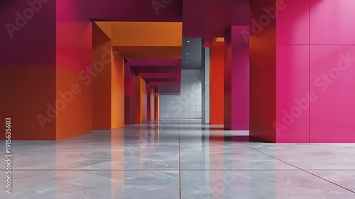 Colorful Geometric Interior with Reflective Floor and Modern Architecture