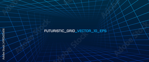 Retro cyberpunk tunnel with neon lines, futuristic perspective, and glowing mesh creating an immersive 80s arcade aesthetic in abstract digital space.