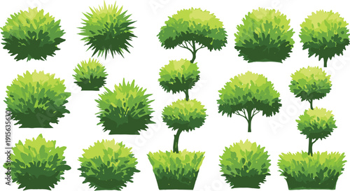 Vector illustration of various green bushes and decorative garden shrubs in different shapes and styles, isolated on white background for landscape, park, and outdoor design