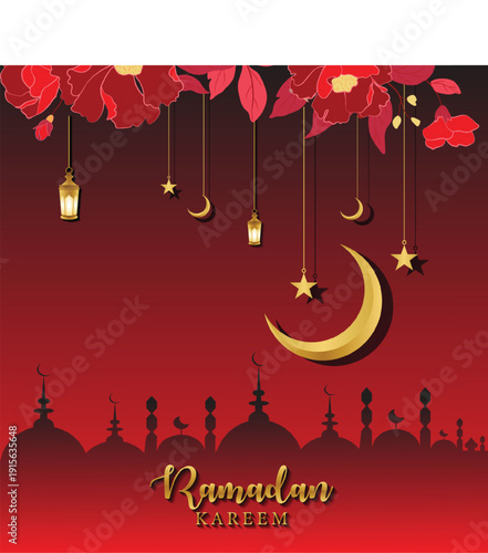 Festive Ramadan Kareem Illustration with Red Floral Ornaments and Hanging Islamic Lanterns