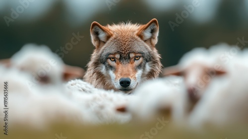 A striking portrayal of a wolf watching sheep intently, capturing the natural instincts of the predator and prey relationship in a wilderness environment.