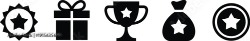 Achievement and Reward Icon Set with Badge Gift Trophy Money Bag and Star Symbol Vector Illustration
