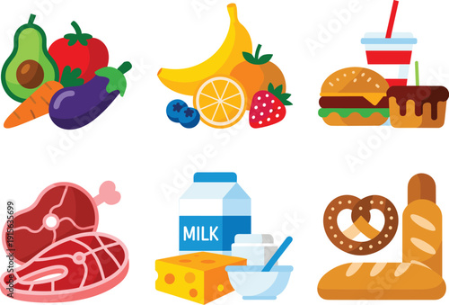 Food Groups Collection with Fruits Vegetables Fast Food Meat Dairy and Bakery Flat Vector Illustration Set