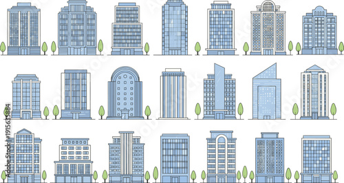 Vector illustration of various modern office buildings and skyscrapers in a city with green trees, featuring different architectural designs and styles, ideal for real estate or urban themes