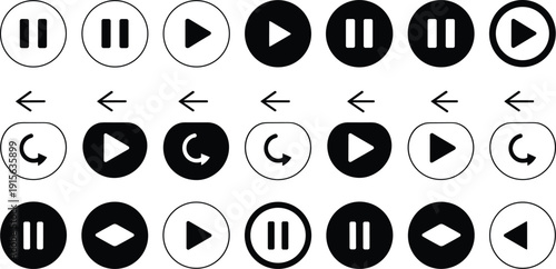 Media player control icon set with play pause rewind forward buttons for audio video playback in circular black minimal vector illustration collection