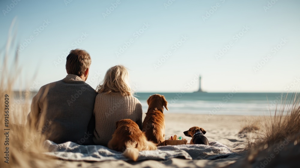 Fototapeta premium A couple sits on the beach with their two dogs, gazing at the sunset, capturing a moment of love, companionship, and tranquility amidst nature's beauty.