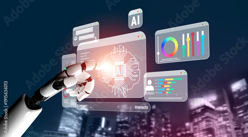 Wallpaper Mural Futuristic Robot Hand Interacting with AI Technology Interface in Urban Landscape for Digital Innovation and Automation Concepts Quark. Torontodigital.ca