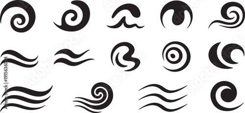A comprehensive collection of fifteen distinct black swirl and wave inspired design elements on white