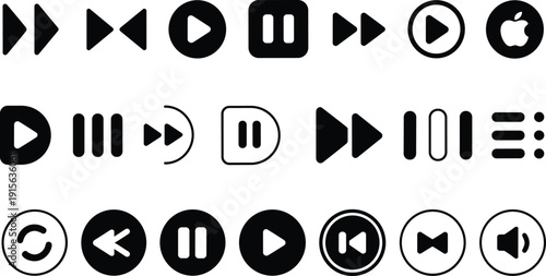 Media player control icon set with play pause forward rewind buttons for audio video playback interface in modern black minimal vector illustration collection