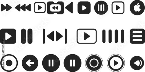 Media player control icon set featuring play pause stop buttons audio video playback symbols in clean black minimal vector illustration collection design pack