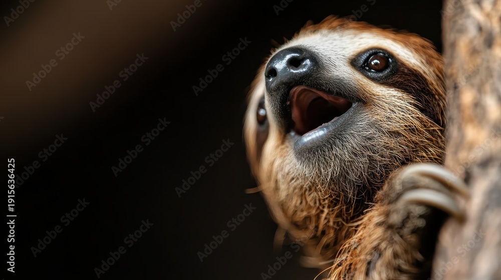 Naklejka premium A sloth appears joyful while hanging on a branch, showcasing its expressive face and fur, set against a dark, blurred background emphasizing its unique charm.