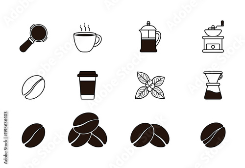 icons of coffee brewing equipment, roasted beans, espresso cup, takeaway cup, and coffee plant branch