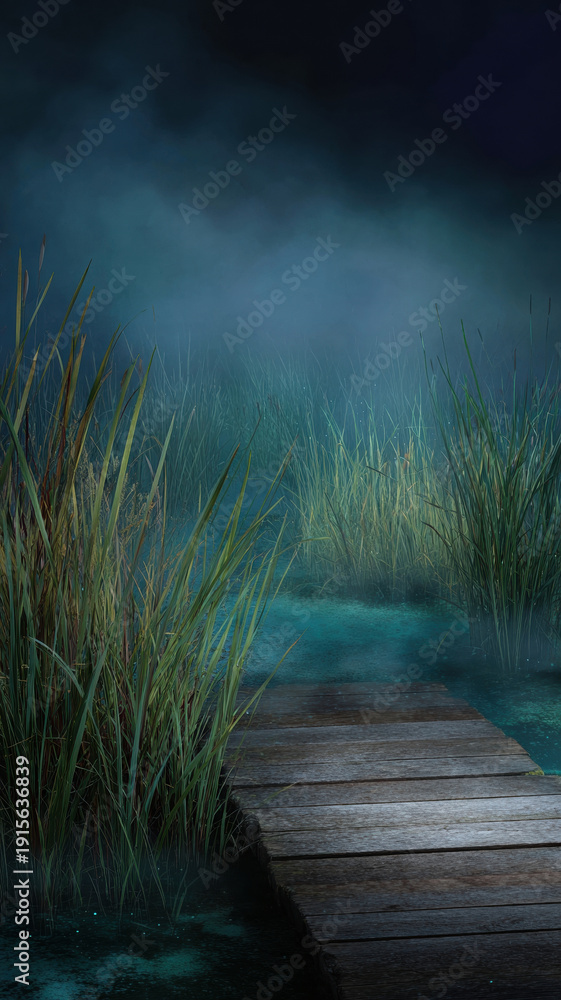 Fototapeta premium Foggy dark night lake landscape with wooden pier extending into cold water surrounded by tall grass reeds and mysterious blue mist creating spooky ominous and scary atmosphere background