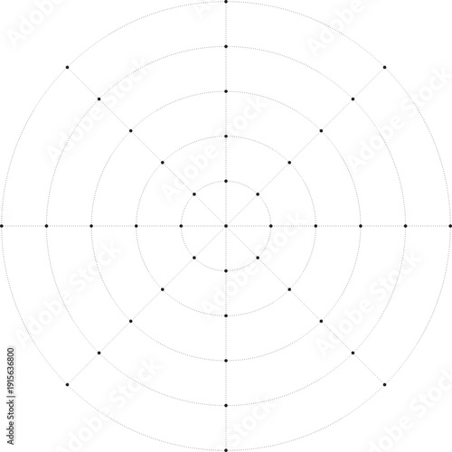 Black dotted radial grid texture with dots on white background. FUI science round grid backdrop. Math or technological notebook blank circular sheet.