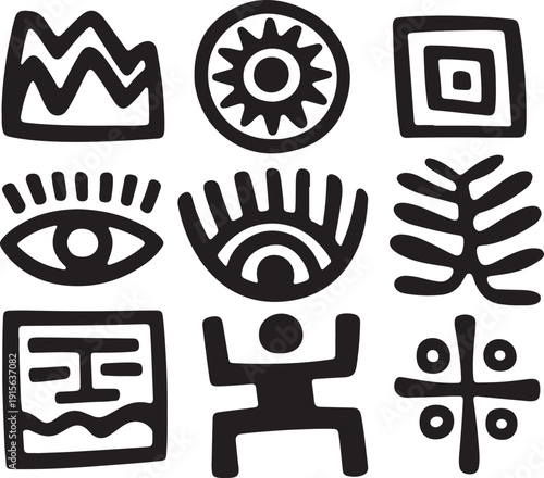 A striking collection of diverse black tribal and ethnic symbols on a pure white background