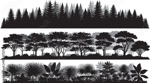 Editable dual tone icon set of Trees and plants in black and white silhouette forest landscape with various foliage nature background Vector illustration