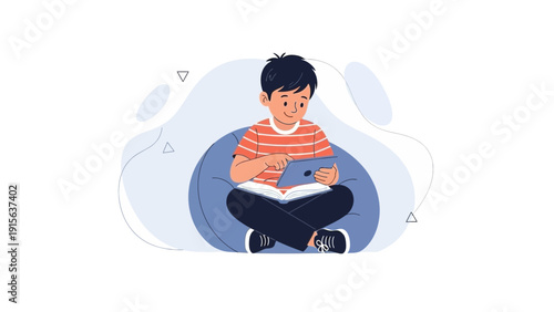 Boy Reading Book and Tablet on Bean Bag Chair, Education and Learning Concept