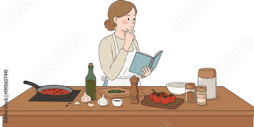 Woman cooking in a kitchen, reading a recipe book while preparing a meal, tomatoes, garlic, and spices on the counter, cooking concept, modern home kitchen, healthy cooking