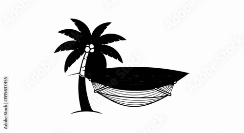 Silhouette of a palm tree with coconuts and a hammock strung between it and an unseen support