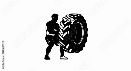 Silhouette of a muscular person flipping a large tire