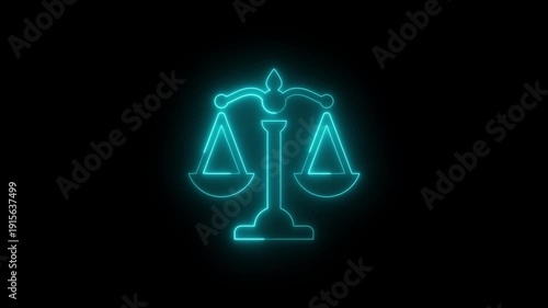 judgement law justice animation scale. Fairness scales of justice. 4K video motion graphic animation. Glowing neon Law Symbol Digital Justice Scale Loop. Neon Scales of Justice Animation Legal Concept