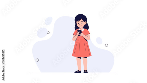 Girl with Smartphone, Flat Design Illustration, Childhood Technology Use