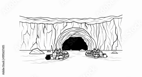 Rafting team approaches a dark cave entrance within a rocky cliff